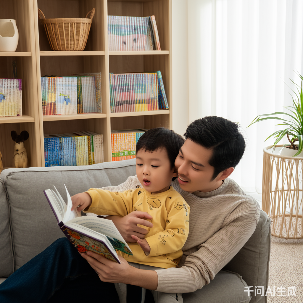 一位父亲和他年幼的孩子一起坐在温馨的书房里