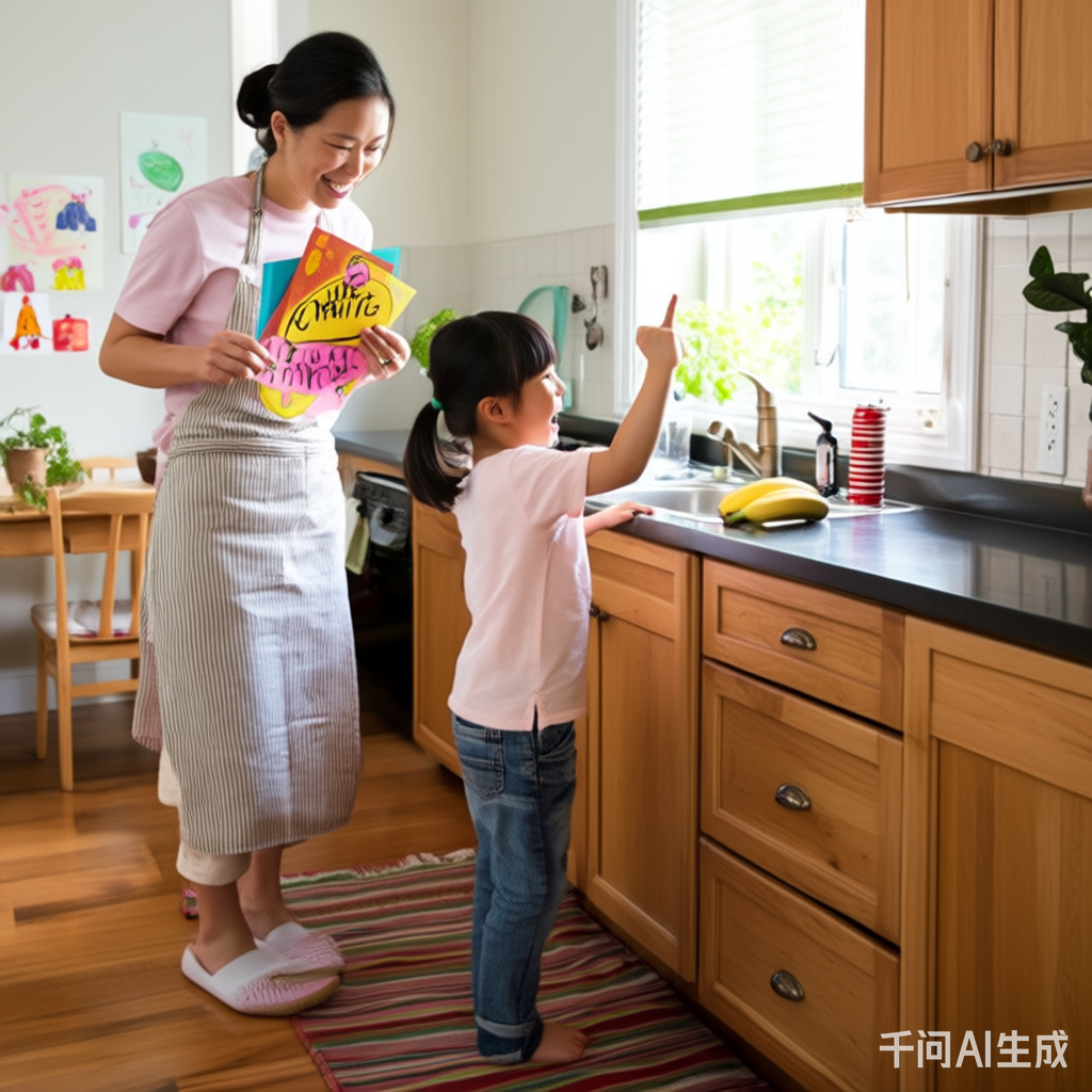 一个家长和孩子在厨房里通过游戏学习英语的场景