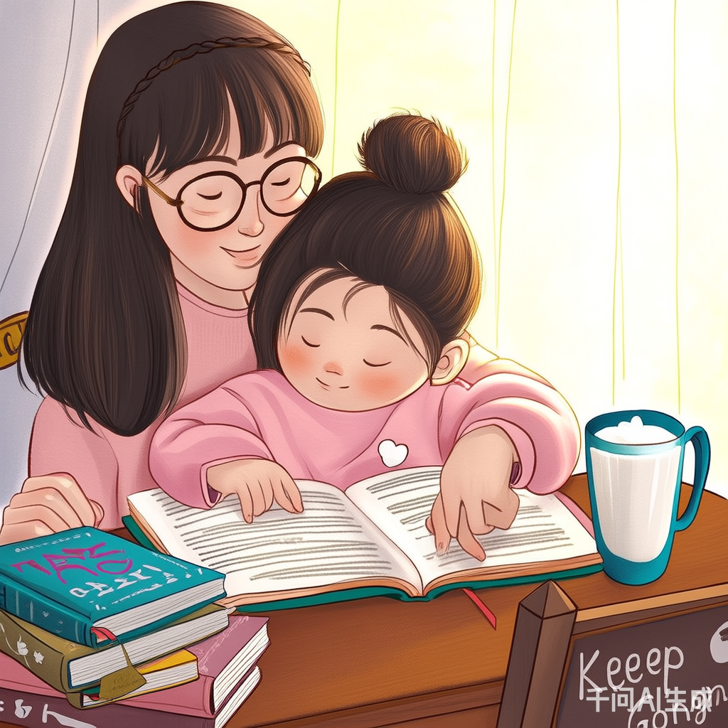 小女孩Betty在妈妈的陪伴下认真阅读RAZ分级读物