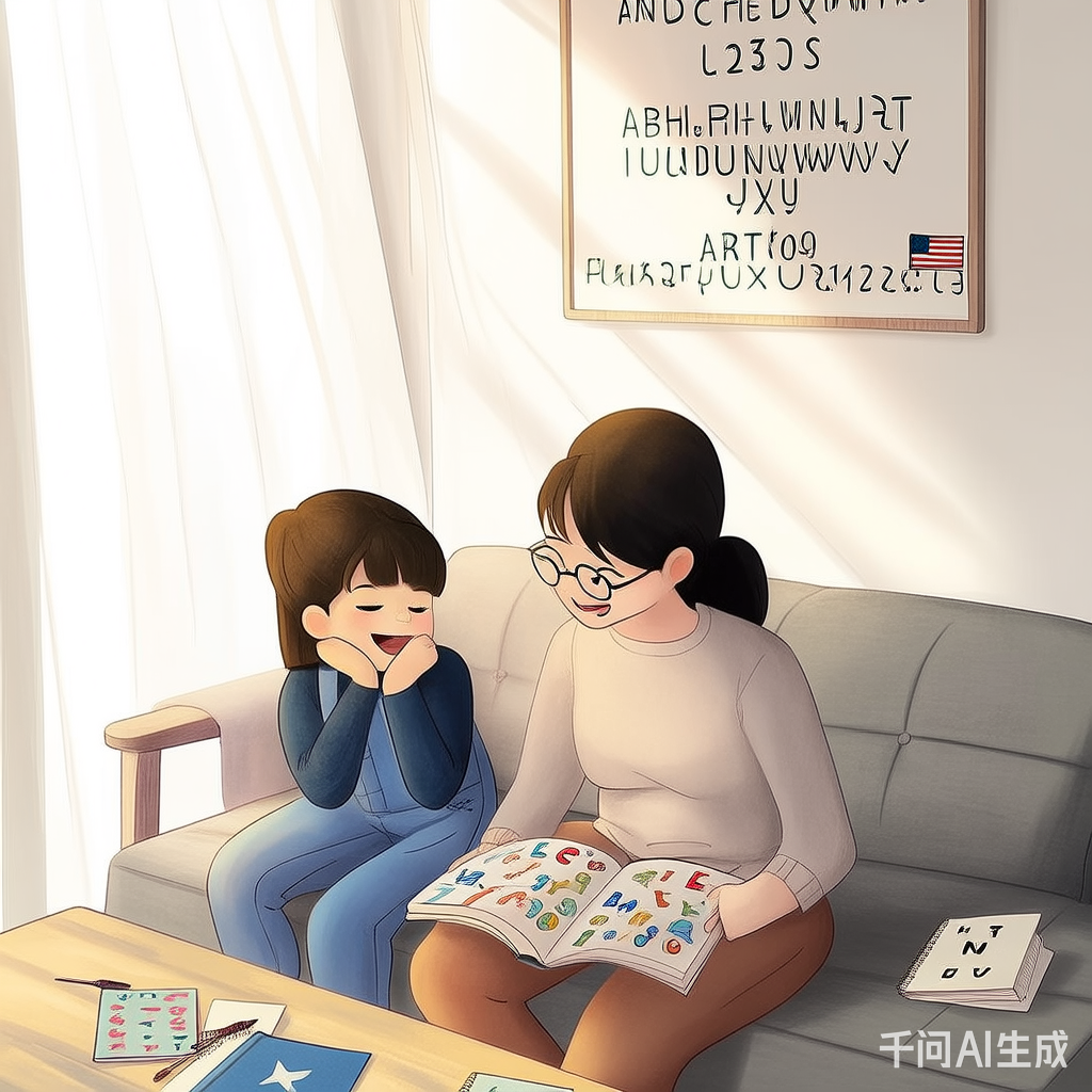 孩子与家长一起在家进行英语启蒙学习